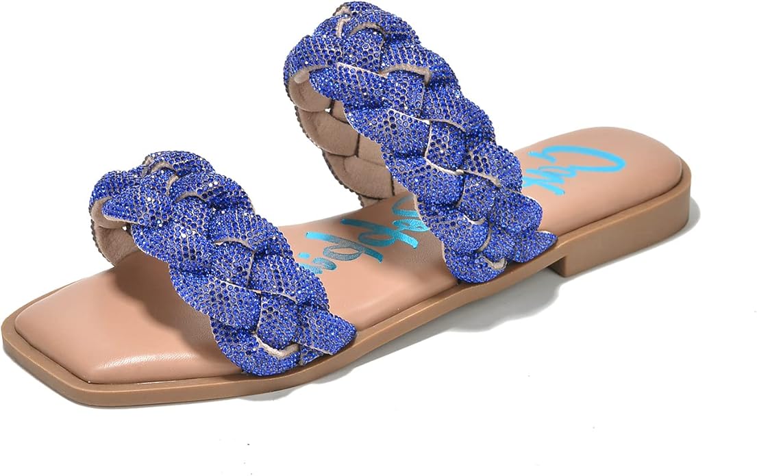 Cape Robbin Women's Slip-On Flat Sandals - Rhinestone-Embellished Braided Upper